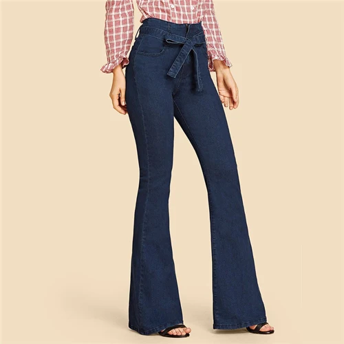 Navy 2 SHEIN Однотонные Расклешенные Джинсы С Поясом Женские Джинсовые Брюки На Молнии С Высокой Талией - Цвет: Navy 2