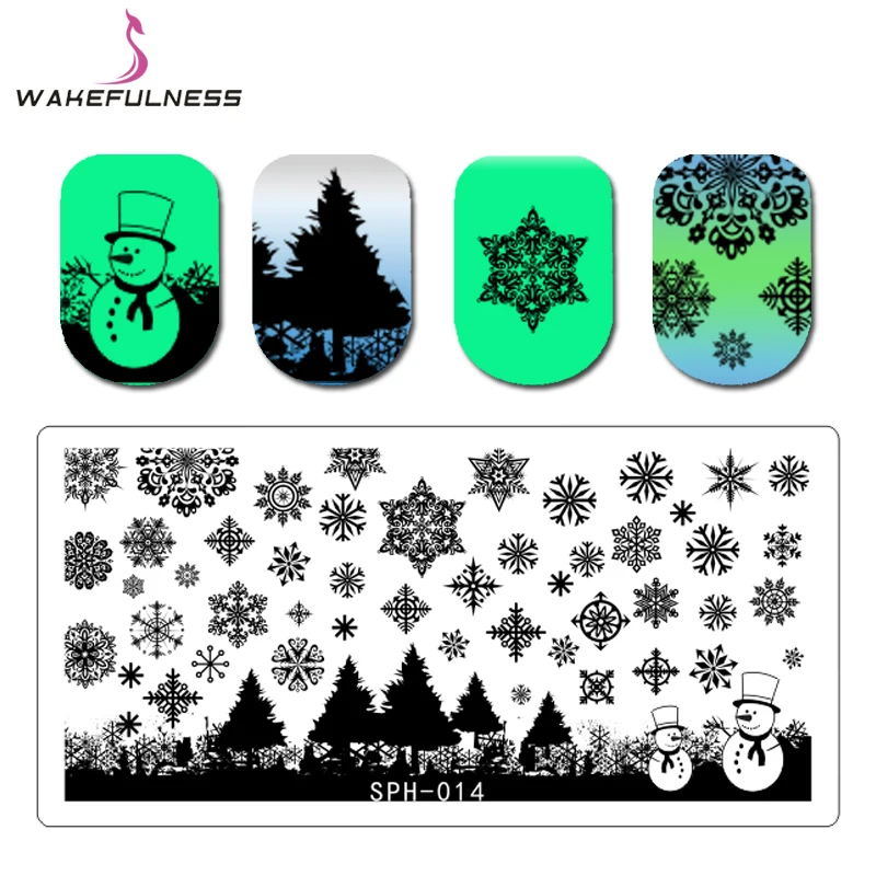 

WAKEFULNESS Christmas Rectangle Nail Art Stamping Plates Snowflake Stamping Nail Art Stencils Manicure Template Stamp Tools