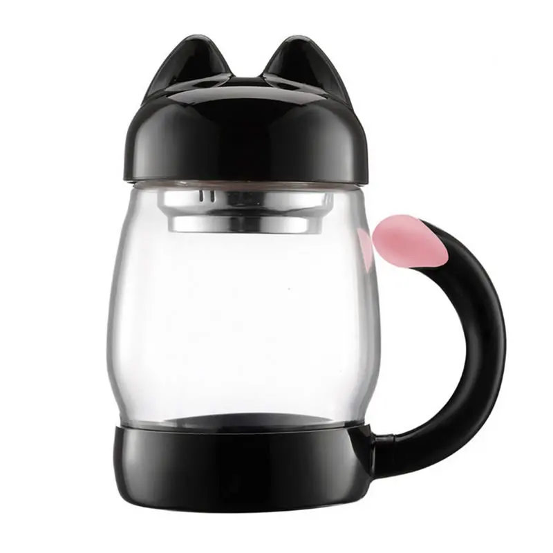 420 мл стеклянная кофейная кружка милый кот кружка стакан чайная кружка с ситечком чашка для заварки чая мультяшная кофейная чашка посуда для напитков подарок другу - Цвет: Black