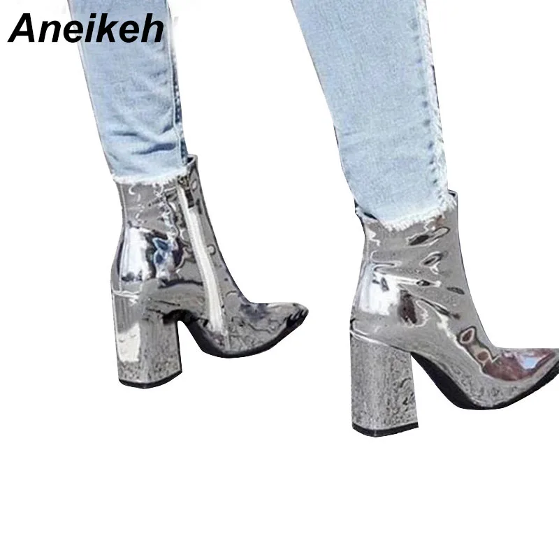 

Aneikeh Women's Autumn Boots PU Leather Pointed Toe Square Heel Rubber Boots Fashion High Heel Women Shoes Silver Size 35-40