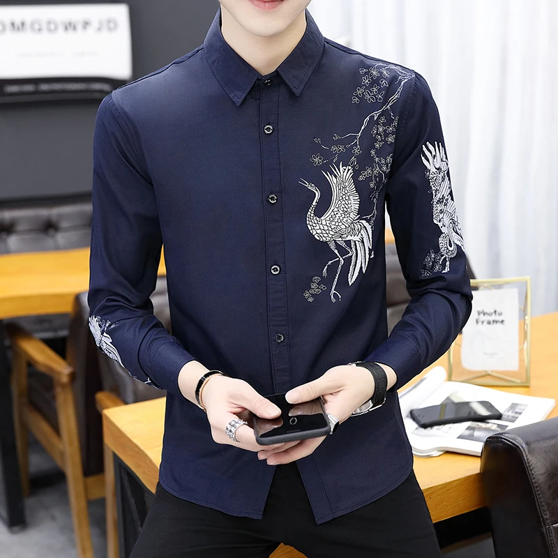 2019 Новая модная мужская рубашка с принтом Chemise Homme клетчатая приталенная длинным