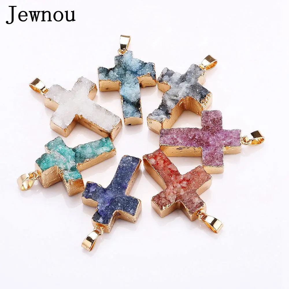 

Jewnou The Geode Christian Natural Stone Agate Cluster Crystal Cross Pendant Men Jewelry Women Vintage Choker Gift Personalized
