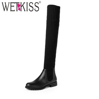 

WETKISS 2018 Brand Weave Stretch Over The Knee Boots Women Cow Leather Slip on Female Thigh High Boots Chunky Heels 2 Styles