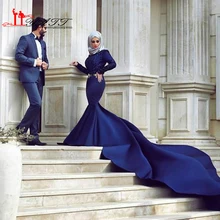 2017 Royal Blue Mermaid Muslim Wedding Dresses Long Sleeve Lace Appliques Hijab Bridal Dresses Chapel Train Arabic Wedding Gowns