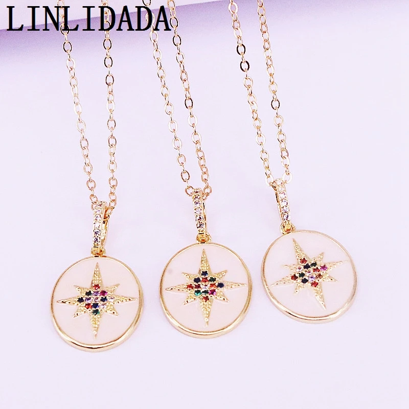 

8Pcs Fashion Gold Filled Colorful Zirconia CZ Micro Pave Oval Shaped Enamel Pendant Elegant Necklaces