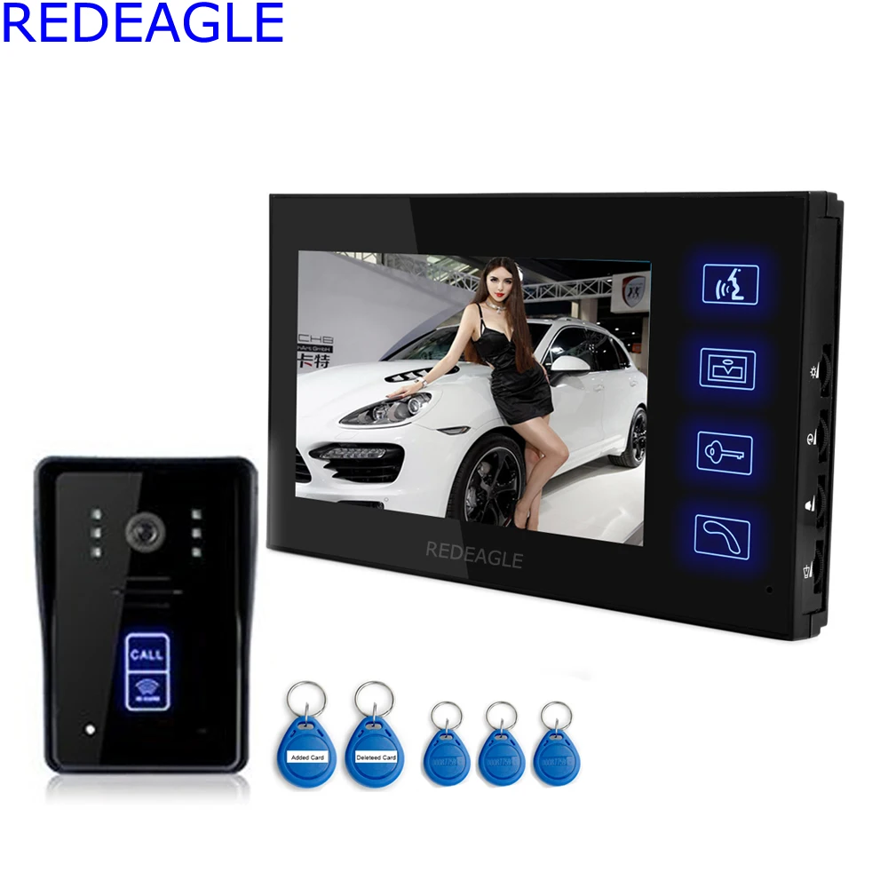 

REDEAGLE Home 7 inch Touch Panel Video Door Phone Intercom Doorbell System with RFID keyfobs Unlock Security Camera