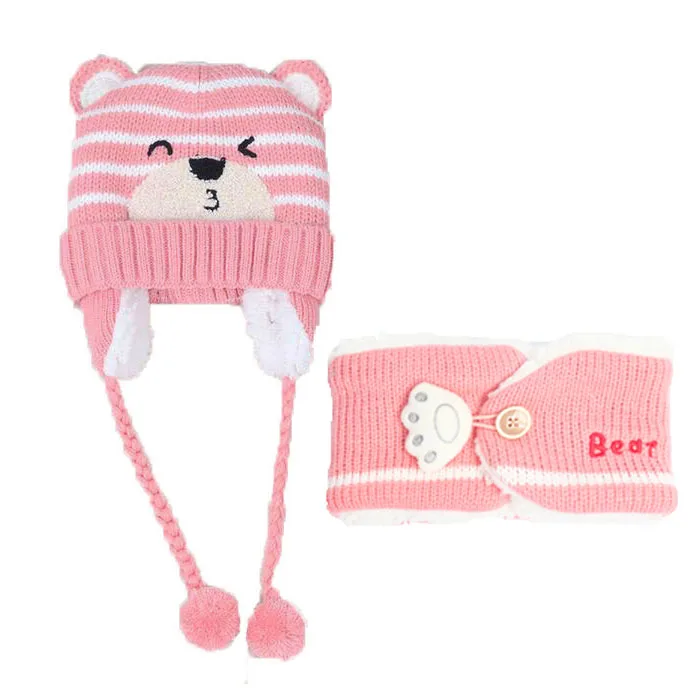 Детские шапочки унисекс, шапка, комплект для маленьких детей, с рисунком, в полоску, вязаная шапка и шарф, зимний теплый костюм, MZ5187 - Цвет: pink