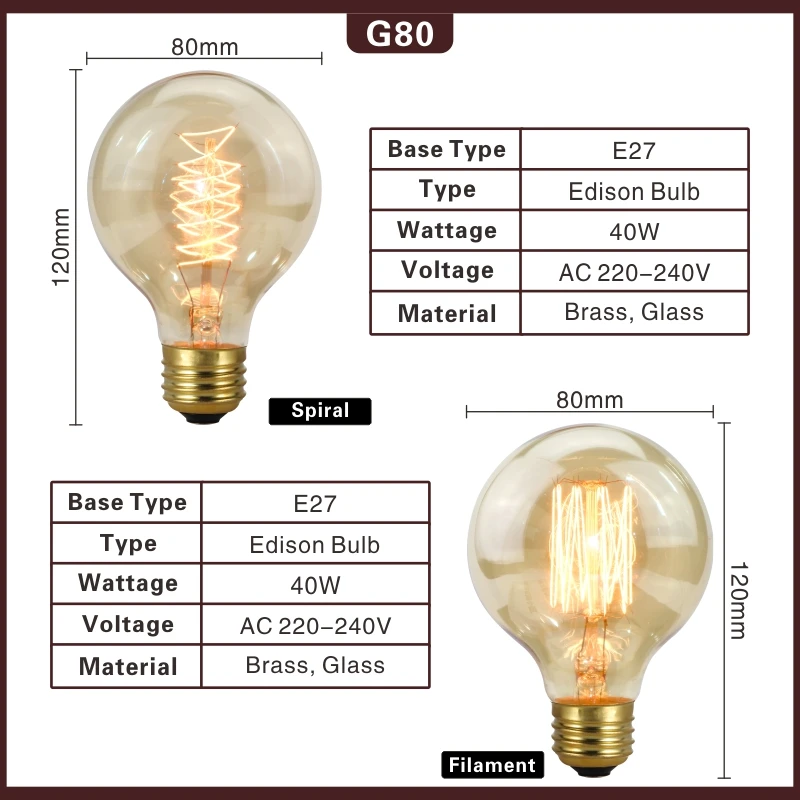 LARZI Винтаж Edison светильник лампочка G80 G95 подвесной светильник в стиле ретро E27 40 Вт Глобус можно использовать энергосберегающую лампу или светодиодную лампочку) 220V нити светильник ing Lampada для домашнего декора