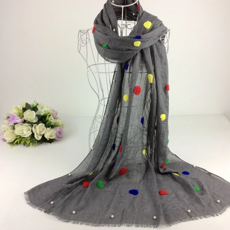 Pearls Beads Embroidery Dots Pashmina Shawls Cotton Scarf ,Women Scarf