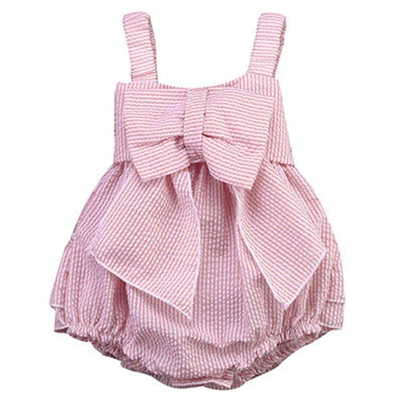

New Arrival Baby Bodysuit Clothes Toddler Baby Girls Ruffle Bodysuit Baby Grows Pink Striped Bowknot Sunsuit Newborn Gifts