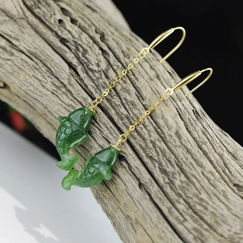 

Gold Natural Hetian Green Stone Fish Shaped Drop Earrings