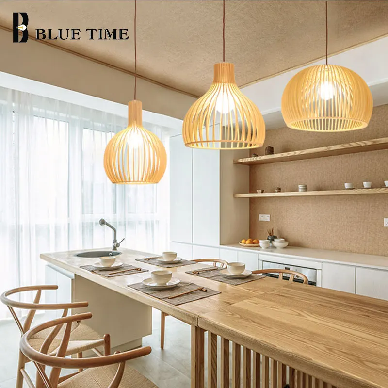 

Wooden Lampshade LED Pendant Lamps For Dining Room Living Room Bedroom Modern Hanging Lamps LED Pendant Lights Home Fixtures