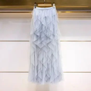 

Dusty Blue Ruffles Romantic Long Tulle Skirts Ribbon Waistline Women Elegant Floor Length Maxi Skirt Custom Made Zipper Saias