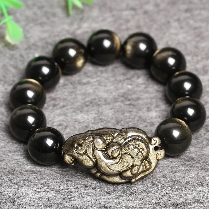 

2019 Men's Bracelet Bangle Gold Obsidian Stone Round Beads Bracelets Carved Gold PIXIU Bracelets Gift for Male's Fashion Jewelry