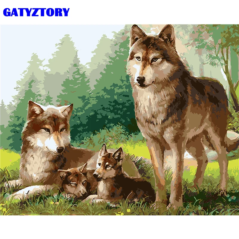 GATYZTORY рамка волк семья животных DIY искусственная Акриловая Краска на холсте