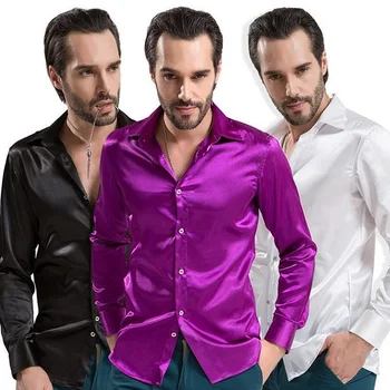 

Fashion Leisure Brand Clothing High-grade Emulation Silk Long Sleeve Shirts Men's Casual Shirt Shiny Satin Camisa White/Black