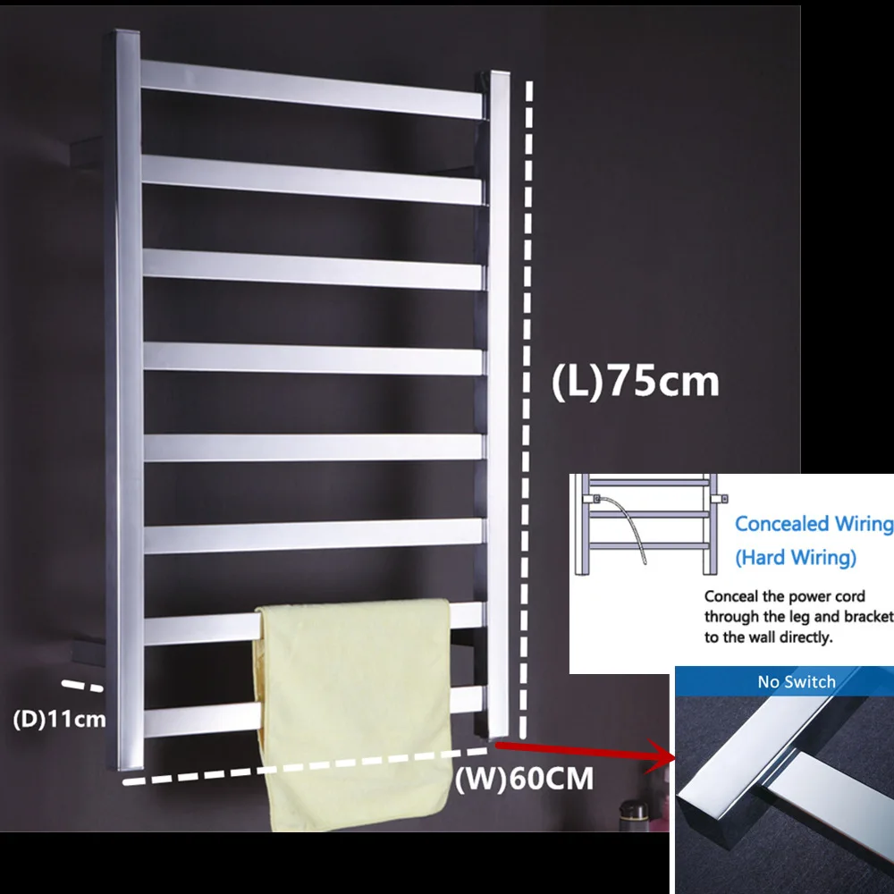Новинка, электрическая квадратная сушилка для полотенец, настенная, полированная, 304, нержавеющая сталь, полотенцесушитель, полотенцесушитель, TW-RT8 - Color: Hard wire no switch