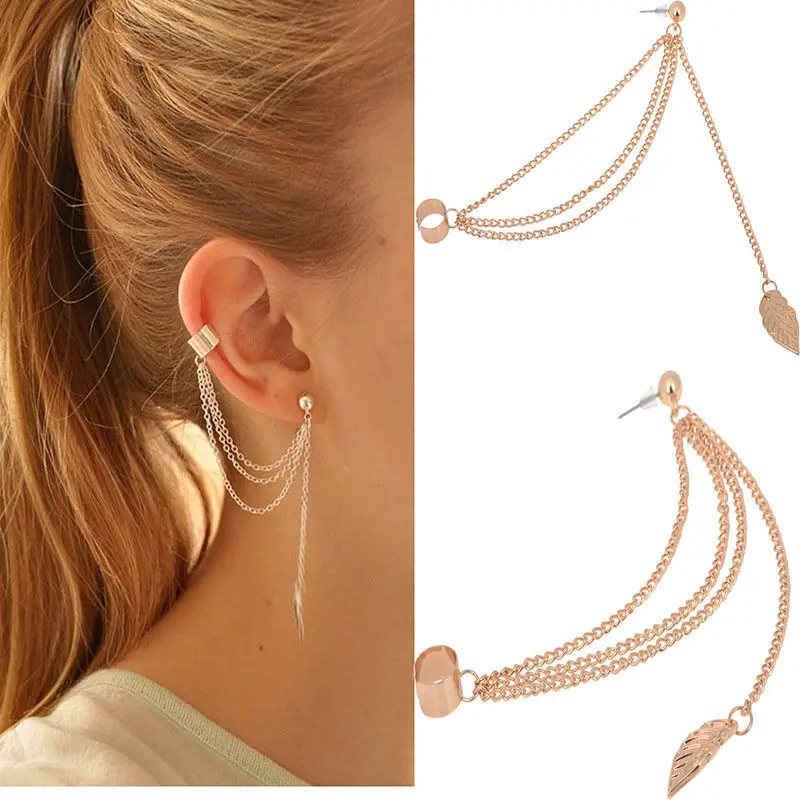 

Ear Cuff Jewelry Ear Clip Fashion Personality Metal Leaf Single Tassel Earrings Cuffs For Women And Girls Clip On The Ears
