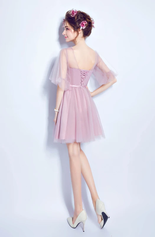 Розовое Новое поступление, короткие платья для выпускного вечера, прозрачные вечерние платья с круглым вырезом и коротким рукавом длиной до колена