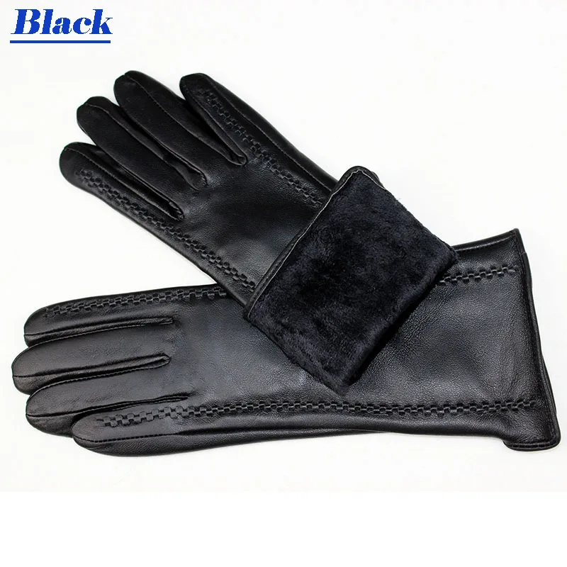 Leather gloves women's sheepskin gloves long stripe style plus velvet warm autumn and winter windproof gloves free shipping