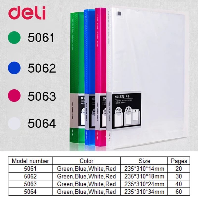 Deli Stationery Books 5062 Color A4 File Copies, 20 Pocket Folder Sheet