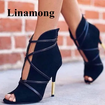

Europe Fashion Sexy Thin High Heel Peep Toe Cross-tied Rear Zipper Black Flock Spring And Autumn Ankle Shoes Women Sandals