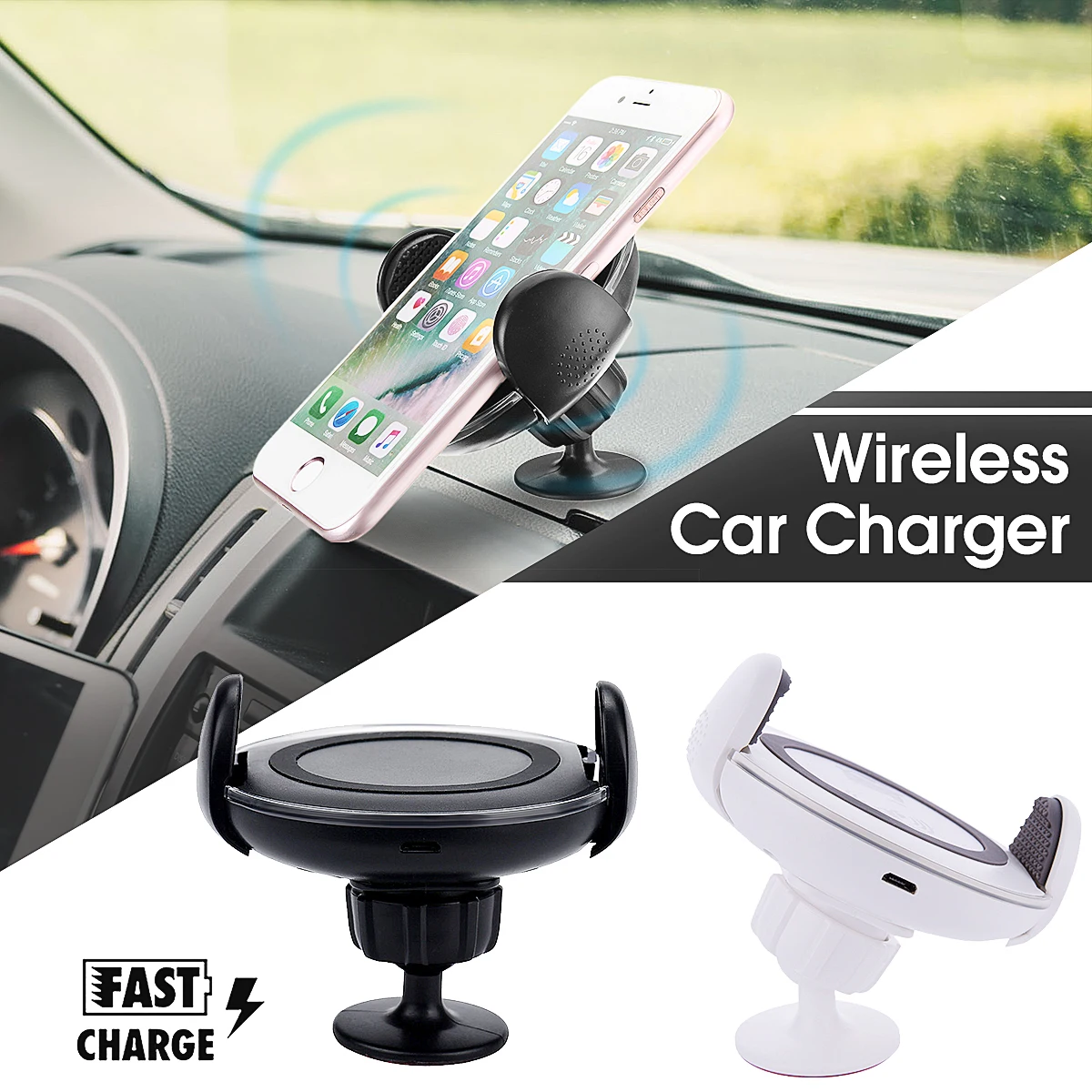 Rotatable Qi Wireless Car Charger Fast Charging Stand Dock Cell Phone