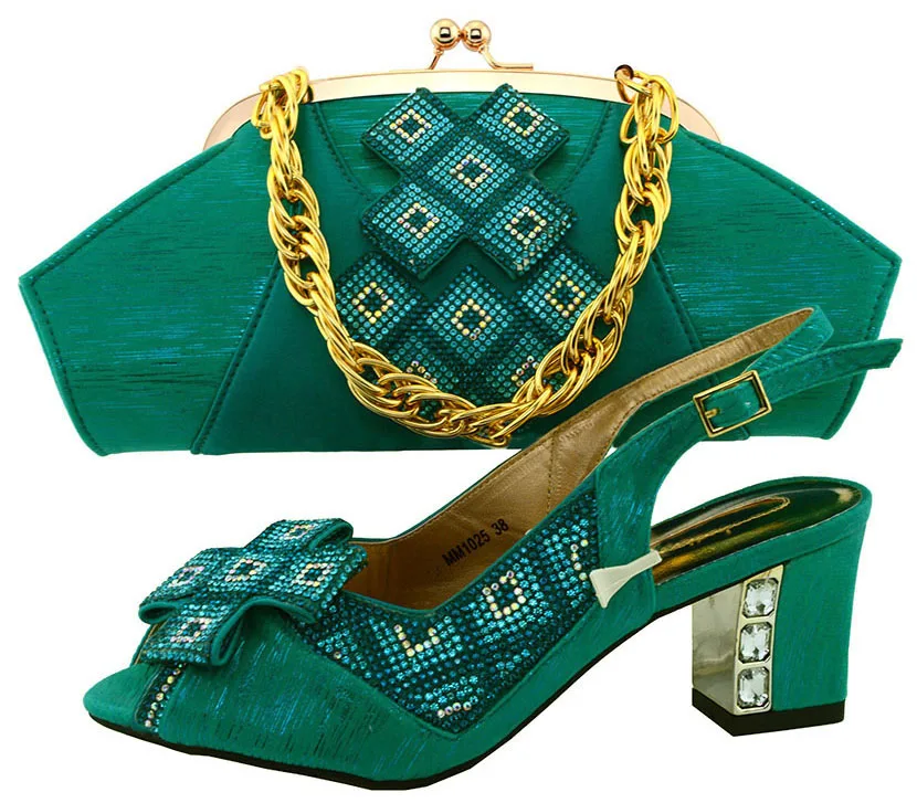 New Arrival Green Shoe and Bag Set Decorated with Appliques High