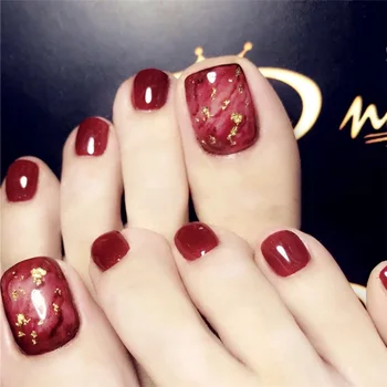 

Gold Foil Design False Toe Nails Gradient Wine Red Marble Artificial Press On Toenails Fake Nails With Glue Sticker 24 pcs 46#