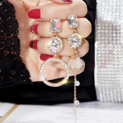 

2019 Explosion S925 Silver Needle Cold Wind Asymmetrical Crystal Ring Earrings Female Japanese and Korean Temperament Long Sulph