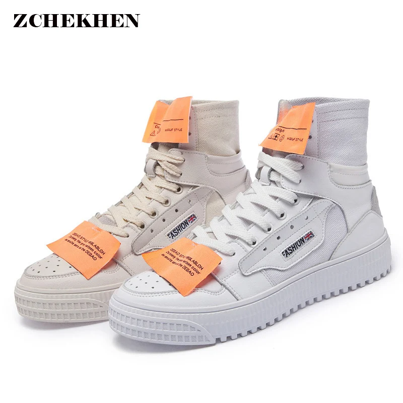 

Autumn Genuine Leather Canvas Off Casual White Shoes Women Platform Sneaker Thick Bottom High Top Shoes Flats Cross-tied Lace Up