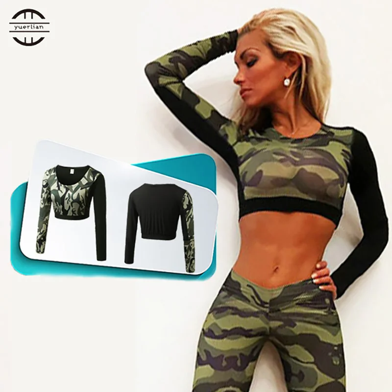 

YEL Hot Dew Navel Attire Sexy Camo Patchwork Elastic Yoga Shirt Long Sleeve Gym Running Top Sport Jerseys Yoga Women T-shirt