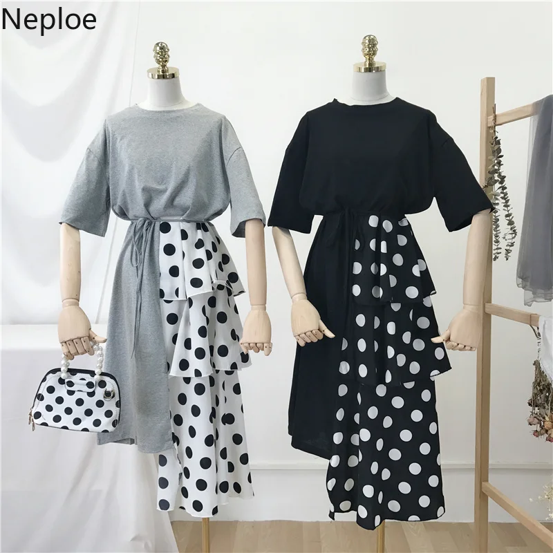 

Neploe Summer 2019 Women Patchwork Dress New O-Neck Short Sleeve Vestios Loose Slim Waist Knee-length Robe 43369