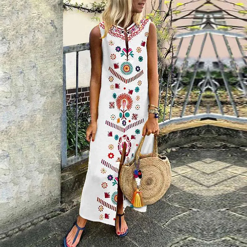 

2019 Summer Fashion Women Sweet Casual Sleeveless Split Boho Casual Linen Maxi Dress Ladies Long Dresses Hot New Arrival