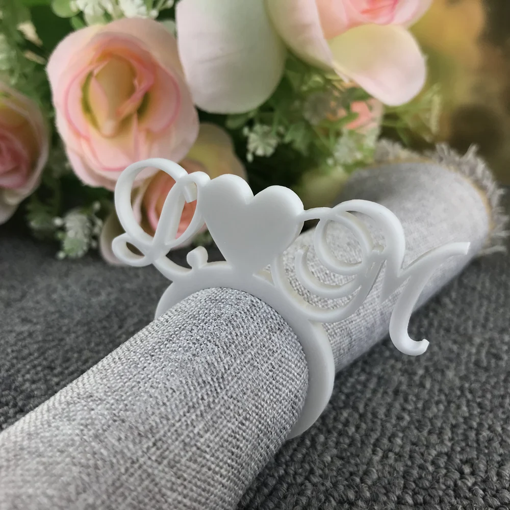 

Personalized table heart with color white Napkin Ring ，Custom Wedding napkin rings Acrylic Cut Napkin Ring with Heart Initials