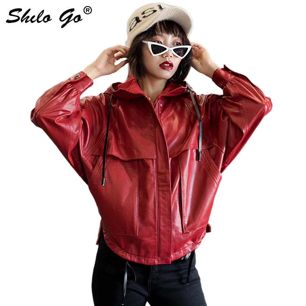 Streetwear Leather Jacket Women Spring Casual Hooded Zip Sheepskin Genuine Leather Coat Batwing Sleeve Loose Female Outwear