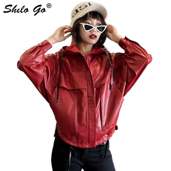 

Streetwear Leather Jacket Women Spring Casual Hooded Zip Sheepskin Genuine Leather Coat Batwing Sleeve Loose Female Outwear