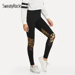 SweatyRocks Фитнес Черный контрастная сетка Леопардовый принт леггинсы с высокой талией женские узкие тренировочные брюки 2018 осенние