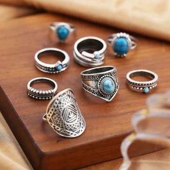 

96 pieces/lot Blue Beads Feather Knuckle Rings Set For Women Hollow Antique Silver Color Leaf Totem Pattern Flower Ring Jewelry