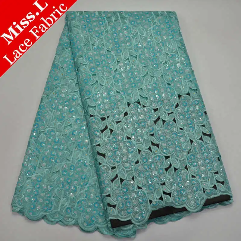 

2017 New African French lace fabric High quality wathet With sequins Flower hollow design Nigerian lace fabric for party dress