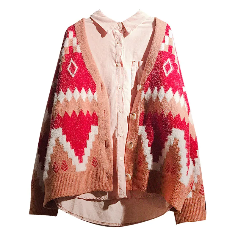 

H.SA Women Casual Sweater Cardigans V neck Loose Oversize Jumpers Korean Spring Autumn Knit Cardigans Red Geometric Knit Coat