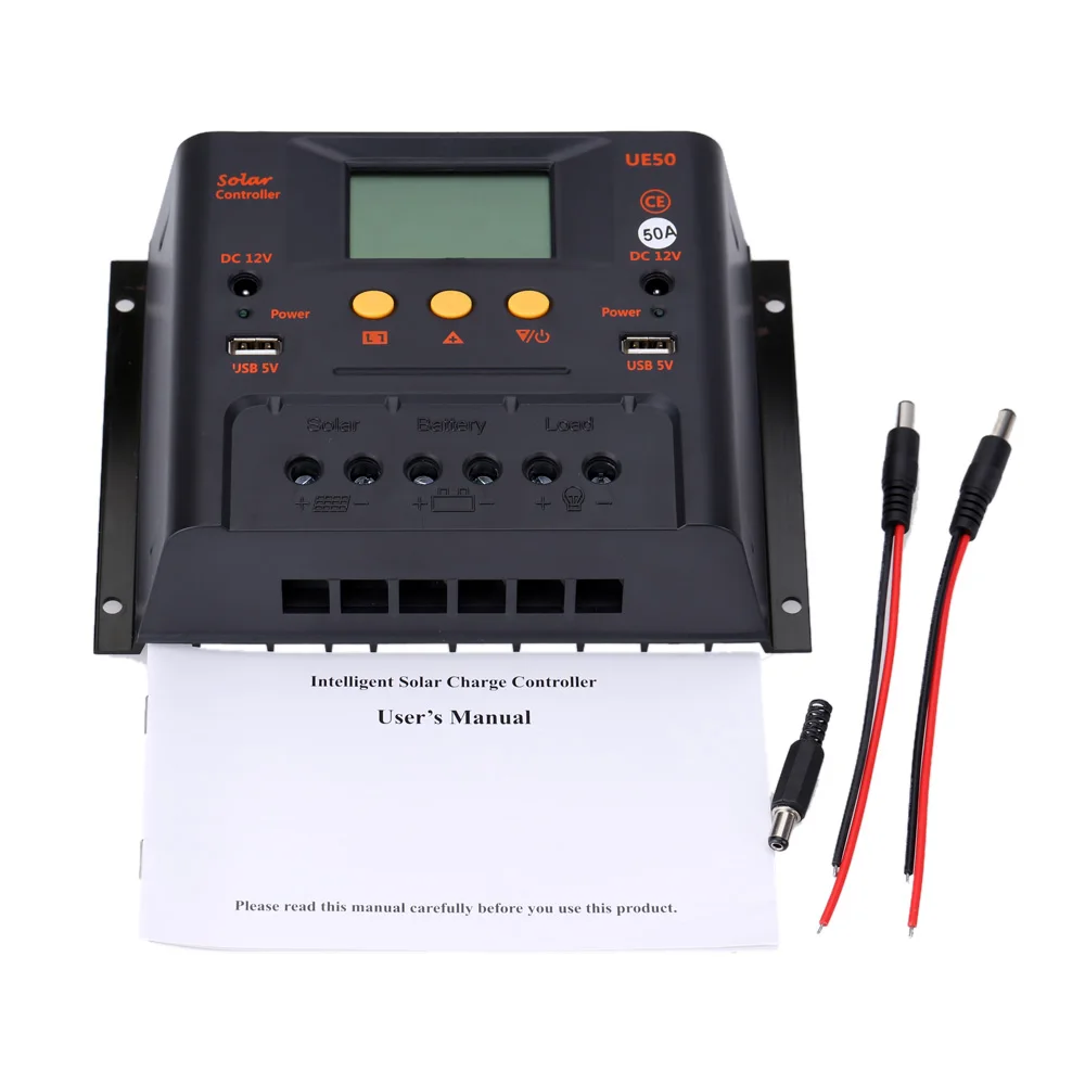 Intelligent PWM 50A Solar Controller 12V 24V LCD Display USB 5V DC 12V