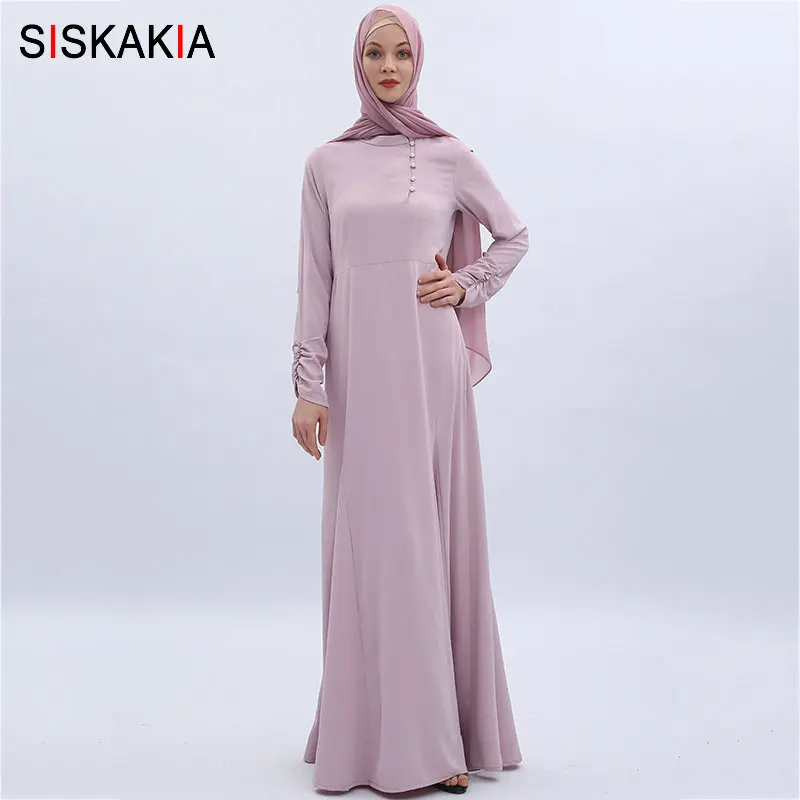 Siskakia Турецкая Мода, этническое исламское длинное платье с жемчужной пряжкой, короткие мусульманские халаты, Женские однотонные элегантные платья для вечеринок, драпированные Новые
