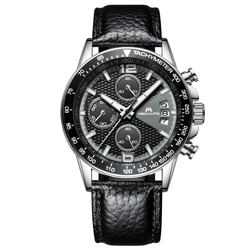 Черный кожаный часы Для мужчин мегалитическая хронограф Водонепроницаемый Дата Календарь Кварцевые часы Relogio Для мужчин модные Повседневное Colck