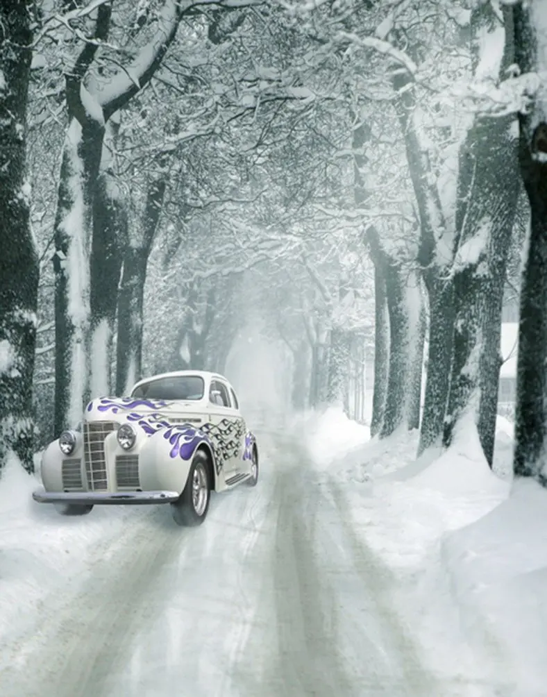 

5x7ft Winter Snow Tree Road Car Photography Backdrops Photo Props Studio Background