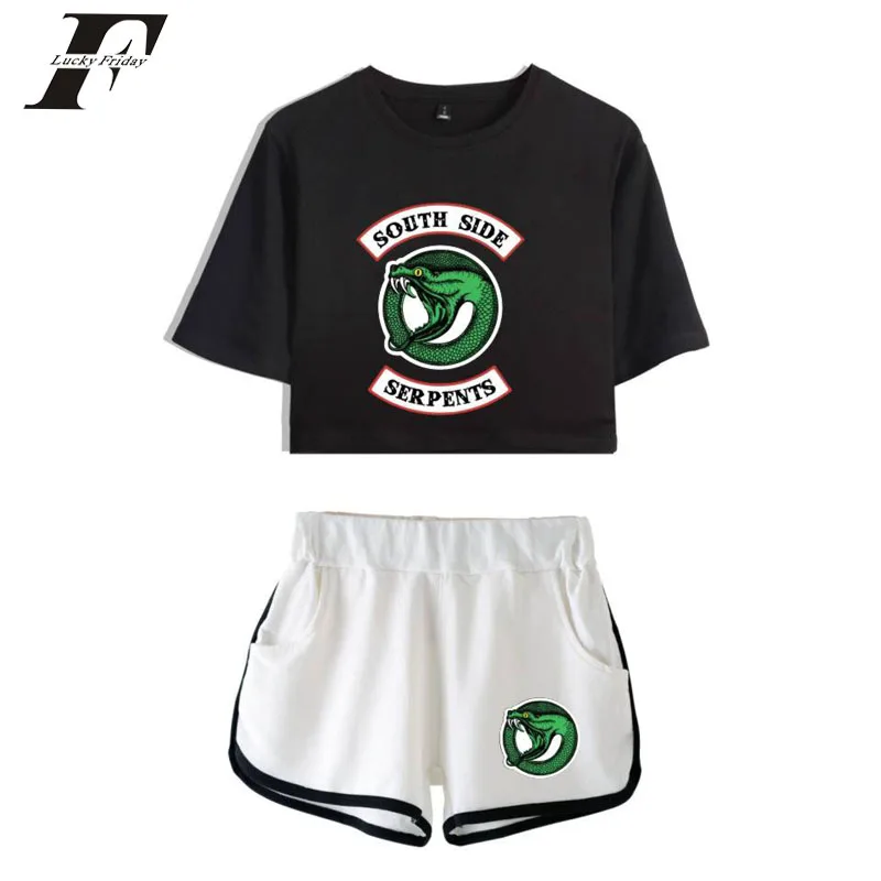 

2018 HIT Hot Drama Riverdale two piece set Summer Cotton short sleeve T-Shirt Riverdale 2 piece set women crop Top + Shorts