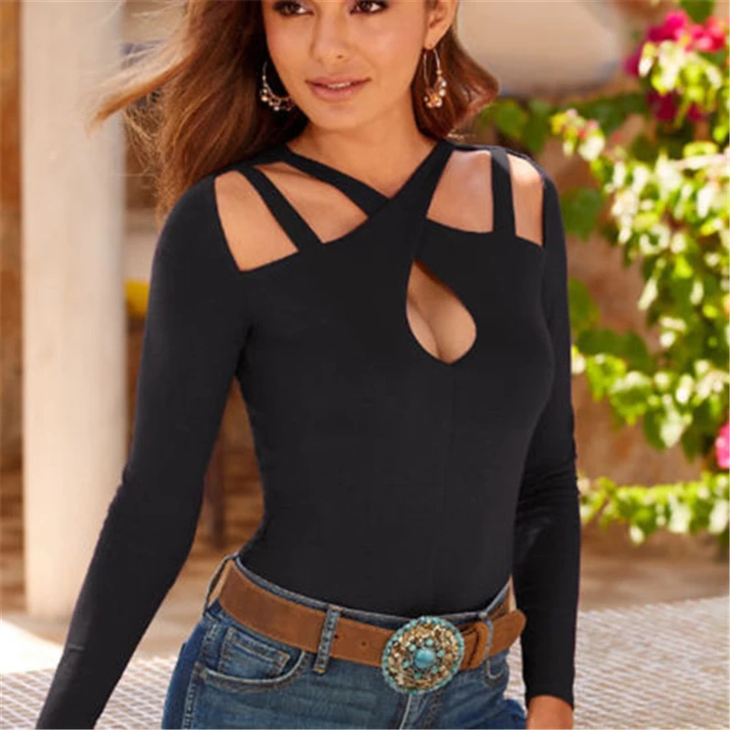 Sexy Women Summer Bandage Hollow Out T-shirt Tops Ladies Long Sleeve Summer Sexy Slim Bandage Cross Collar T-Shirt Sexy Women Summer Bandage Hollow Out T-shirt Tops Ladies Long Sleeve Summer Sexy Slim Bandage Cross Collar T-Shirt