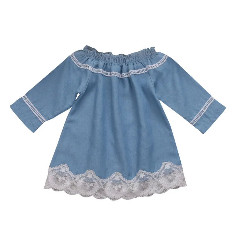 Newborn Baby Girls Princess Party Jeans Denim Off Shoulder Lace Dress