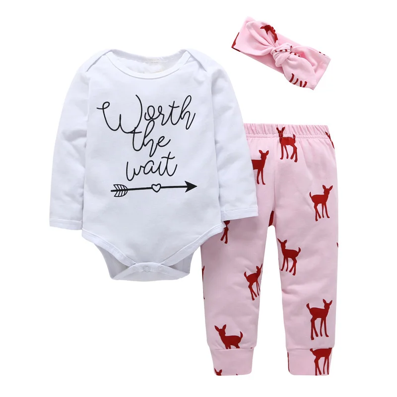 

Baby girl clothes New arrivals Worth The Wait Bodysuit+deer pants+Headband 3pcs sets bebe kids clothing outfit Christmas gifts