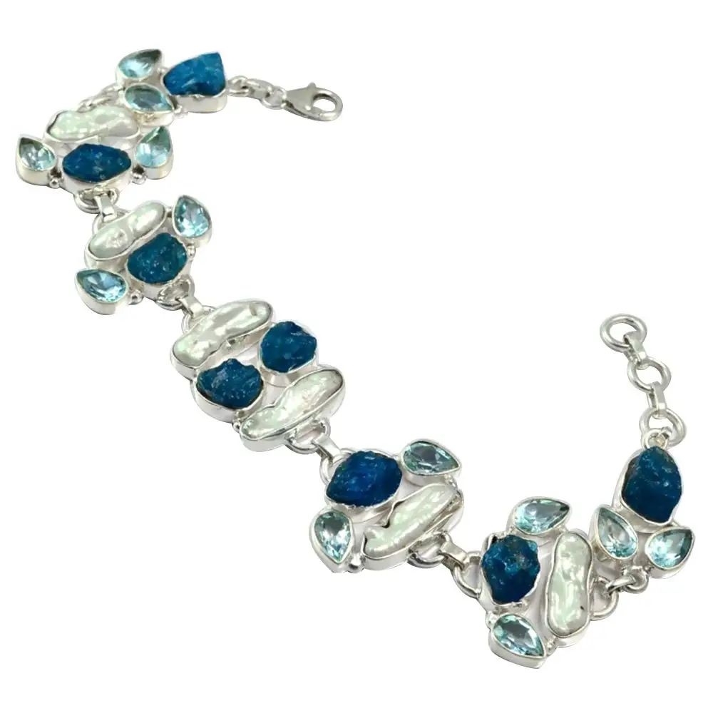 

Genuine Tanzanite Rough + Blue topaz + Biwa Pearl Bracelet 925 Sterling Silver, 22 cm, MHBB0155